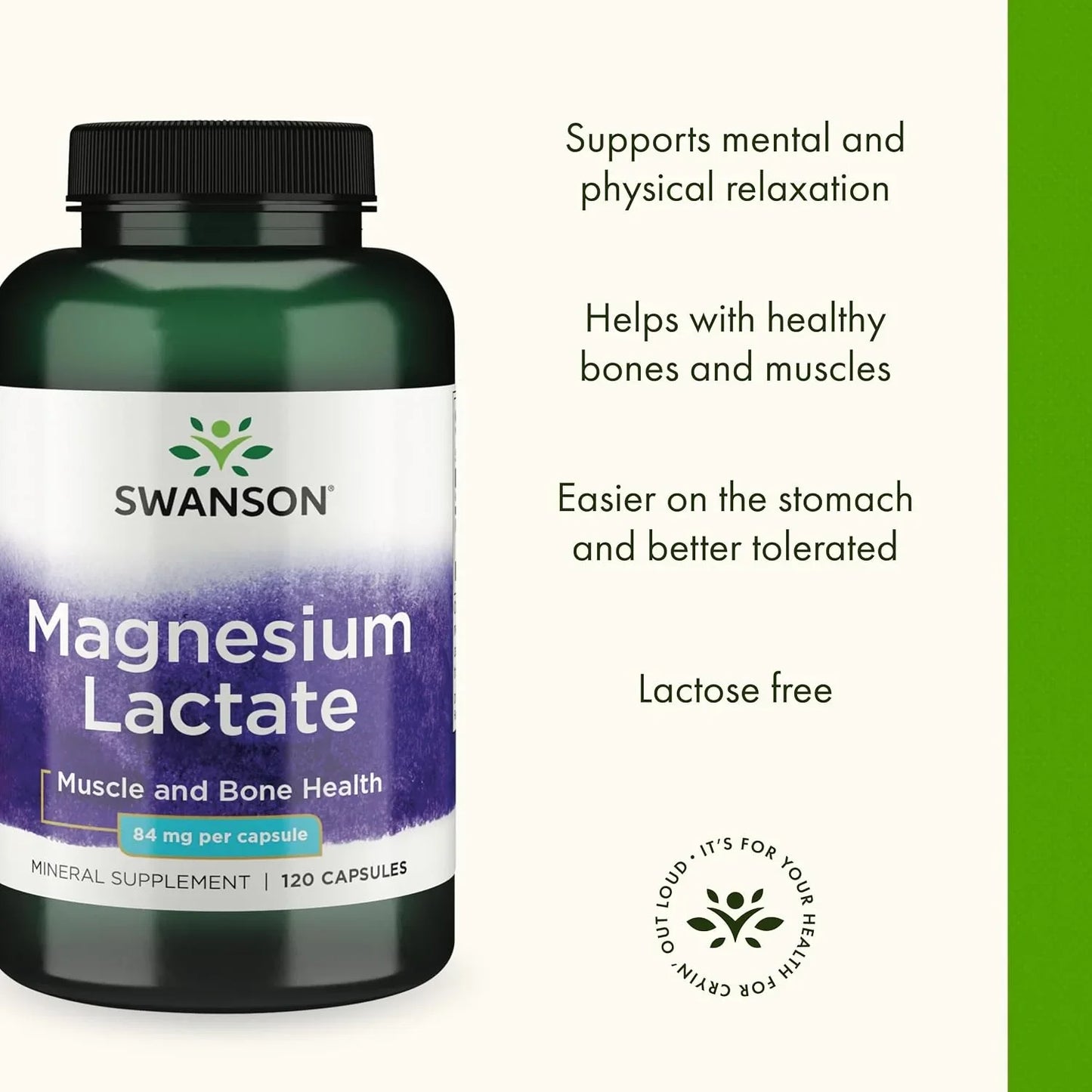 Swanson Magnesium Lactate Lactose-Free, 84 mg, 120 Capsules, 2 Pack