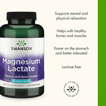 Swanson Magnesium Lactate Lactose-Free, 84 mg, 120 Capsules, 2 Pack