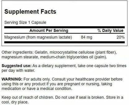Swanson Magnesium Lactate Lactose-Free, 84 mg, 120 Capsules, 2 Pack