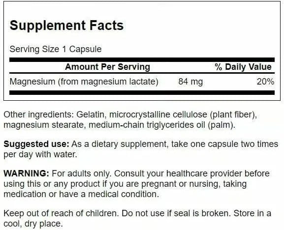 Swanson Magnesium Lactate Lactose-Free, 84 mg, 120 Capsules, 4 Pack