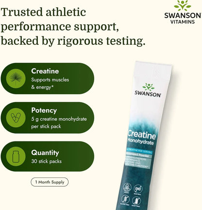 Swanson Creatine Monohydrate Stick Packs, Unflavored, 30 Packets