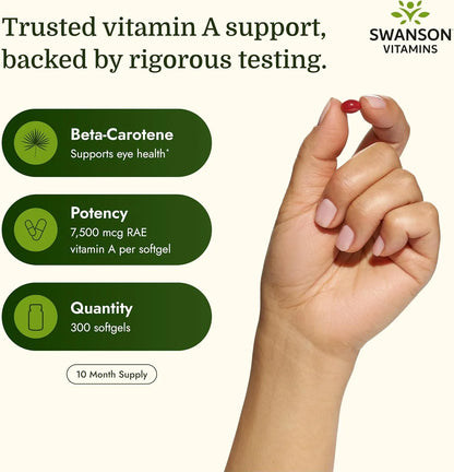 Swanson Beta-Carotene Vitamin A 25,000 IU, 7,500 mcg, 300 Softgels, 1 Pack