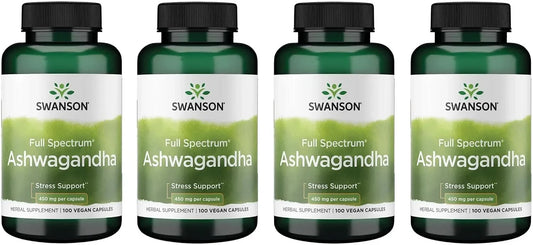 Swanson Ashwagandha Powder Supplement, 450 mg, 100 Capsules, 4 Pack
