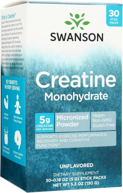 Swanson Creatine Monohydrate Stick Packs, Unflavored, 30 Packets
