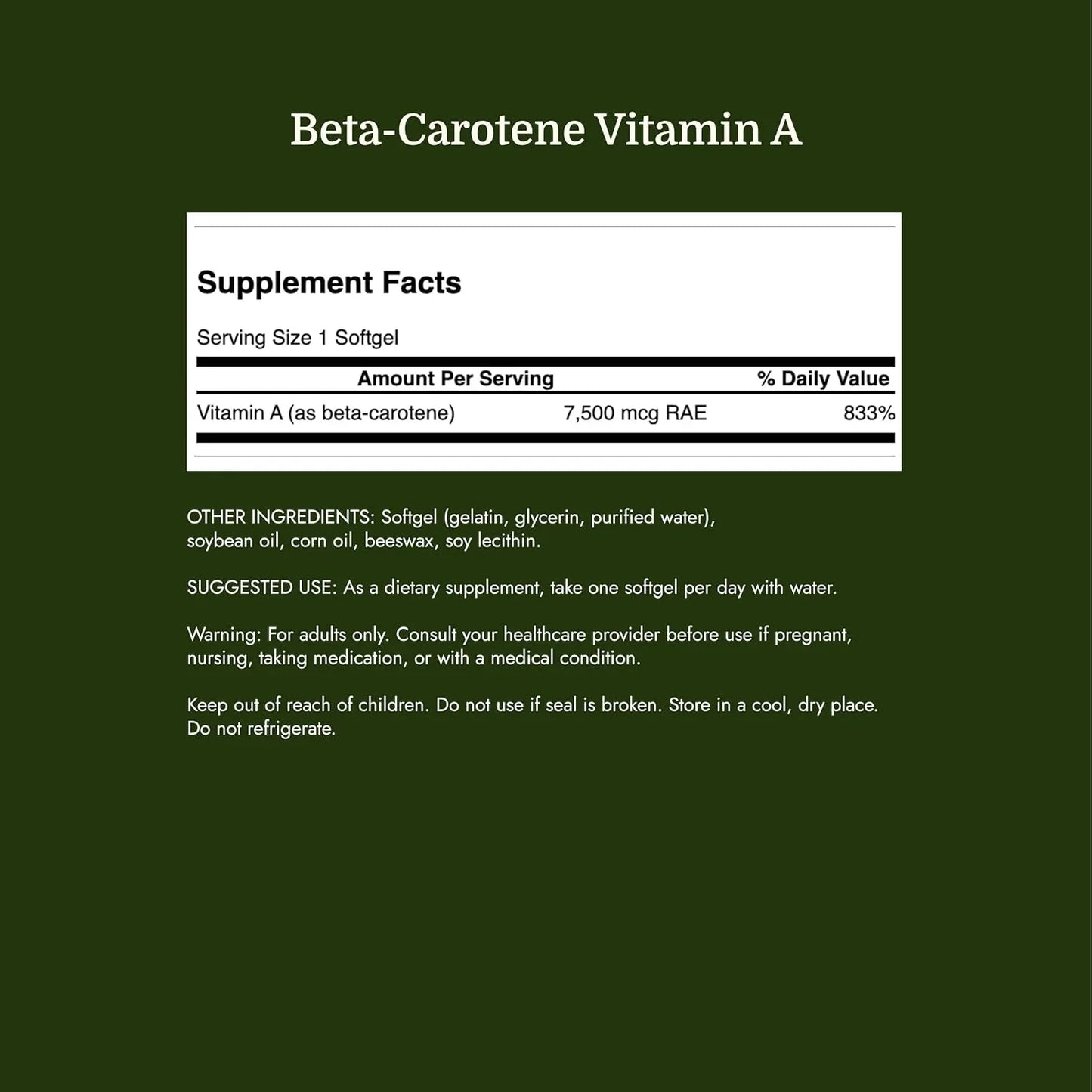 Swanson Beta-Carotene Vitamin A 25,000 IU, 7,500 mcg, 300 Softgels, 1 Pack