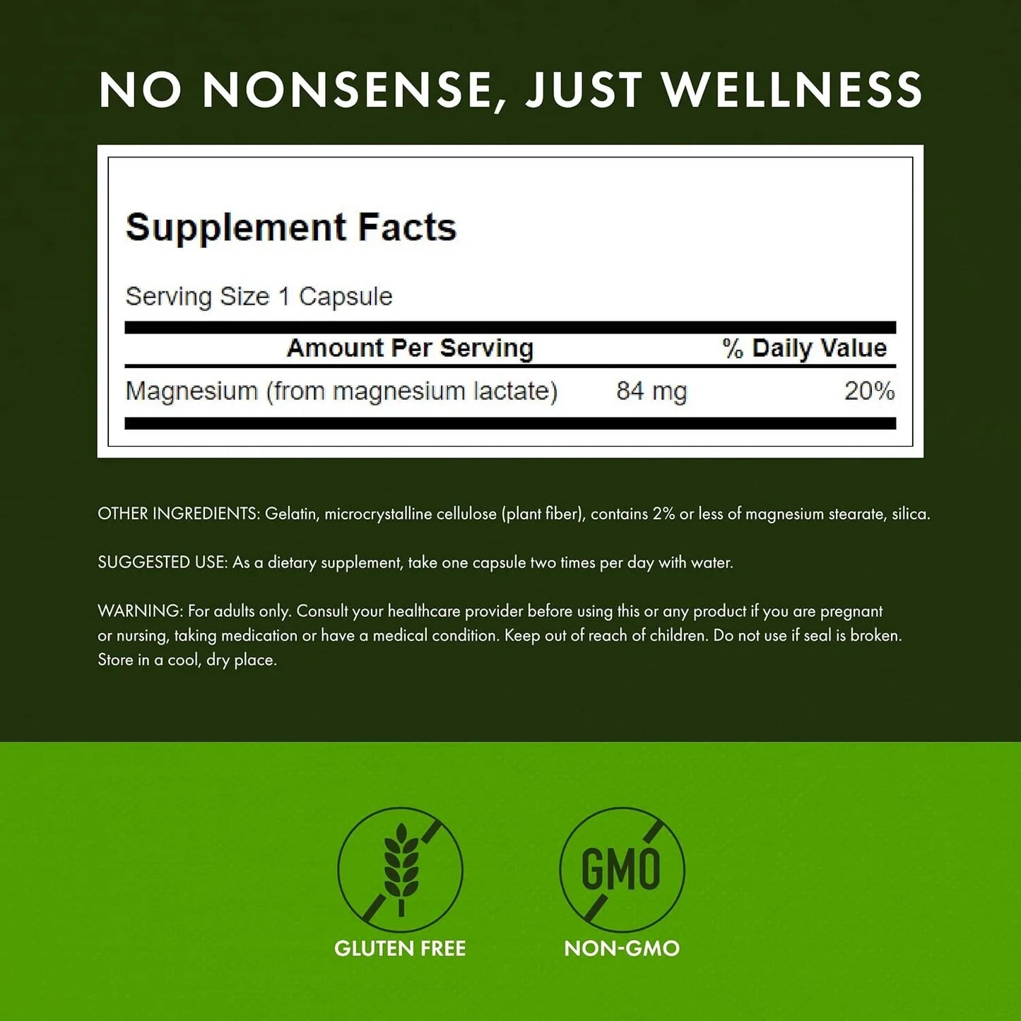 Swanson Magnesium Lactate Lactose-Free, 84 mg, 120 Capsules, 2 Pack