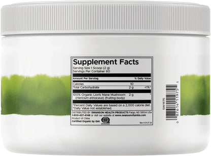 Swanson 100% Organic Lion's Mane Mushroom Powder, 4.23 oz